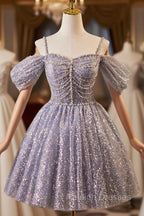 Lovely A-Line Tulle Sequins Knee Length Prom Dress, Off The Shoulder Evening Party Dress