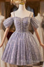Lovely A-Line Tulle Sequins Knee Length Prom Dress, Off The Shoulder Evening Party Dress