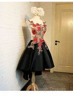 Lovely Black High Low Homecoming Dress With Floral Lace, Party Dress