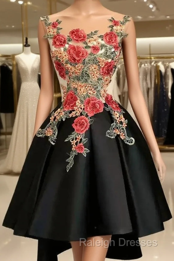 Lovely Black High Low Homecoming Dress With Floral Lace, Party Dress Main image