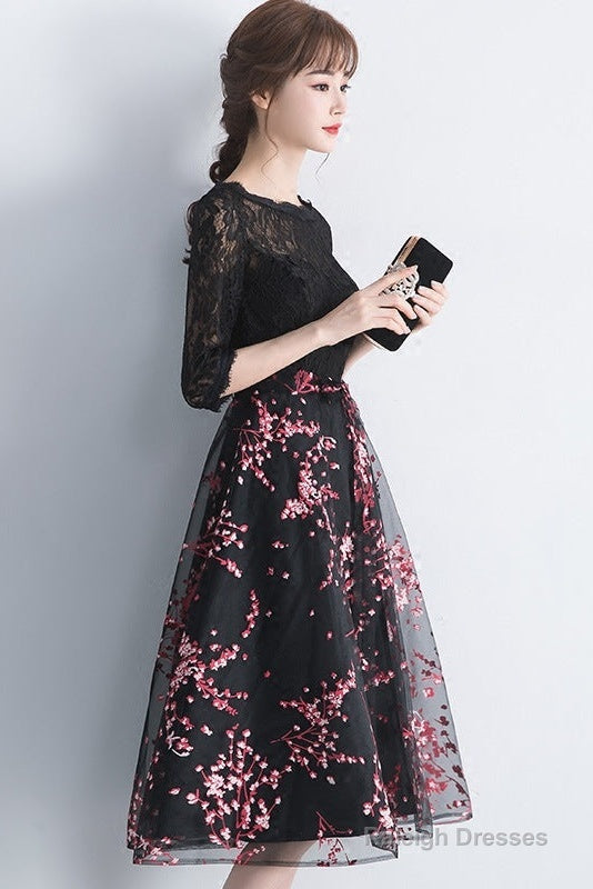 Lovely Black Lace Short Sleeves Floral Tulle Party Dress, Black Party Dress Prom Dress