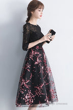 Lovely Black Lace Short Sleeves Floral Tulle Prom Dresses Black Prom Dresseses
