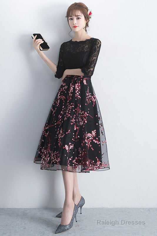 Lovely Black Lace Short Sleeves Floral Tulle Party Dress, Black Party Dress Prom Dress