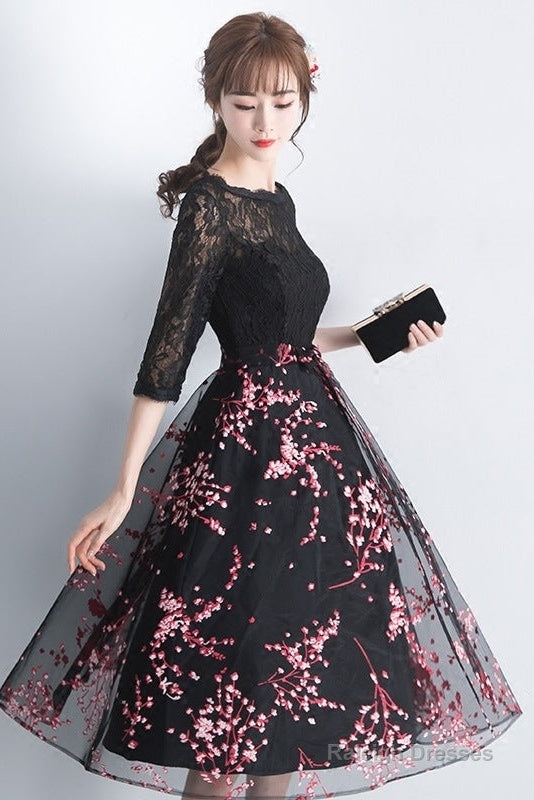 Lovely Black Lace Short Sleeves Floral Tulle Party Dress, Black Party Dress Prom Dress