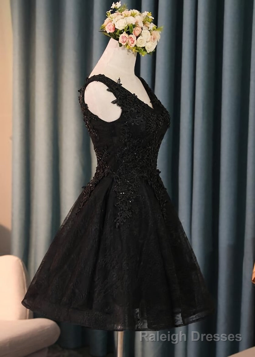 Lovely Black Lace V-neckline Short Homecoming Dress, Black Party Dress Main image