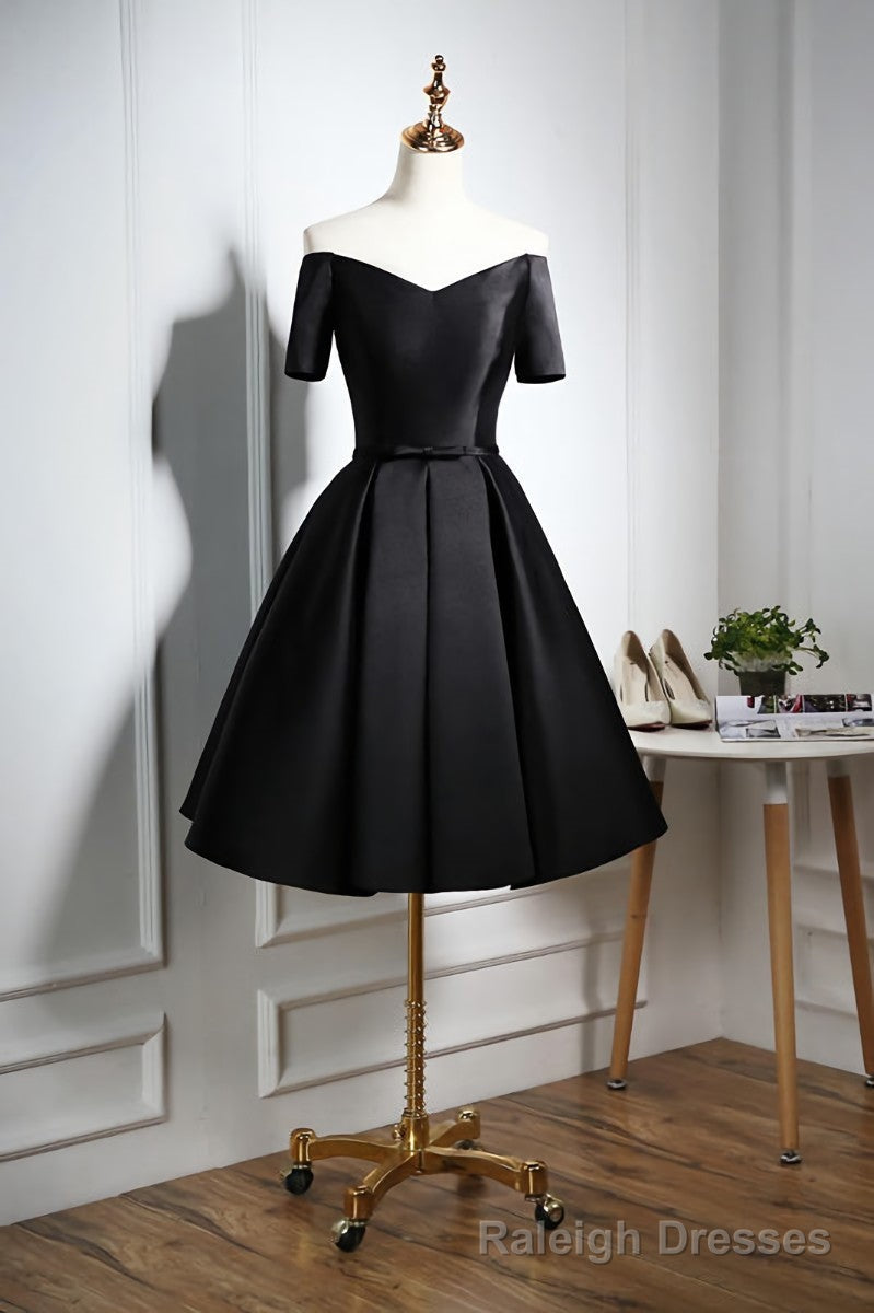 Lovely Black Satin Short Prom Dress, Black Party Dress Main image