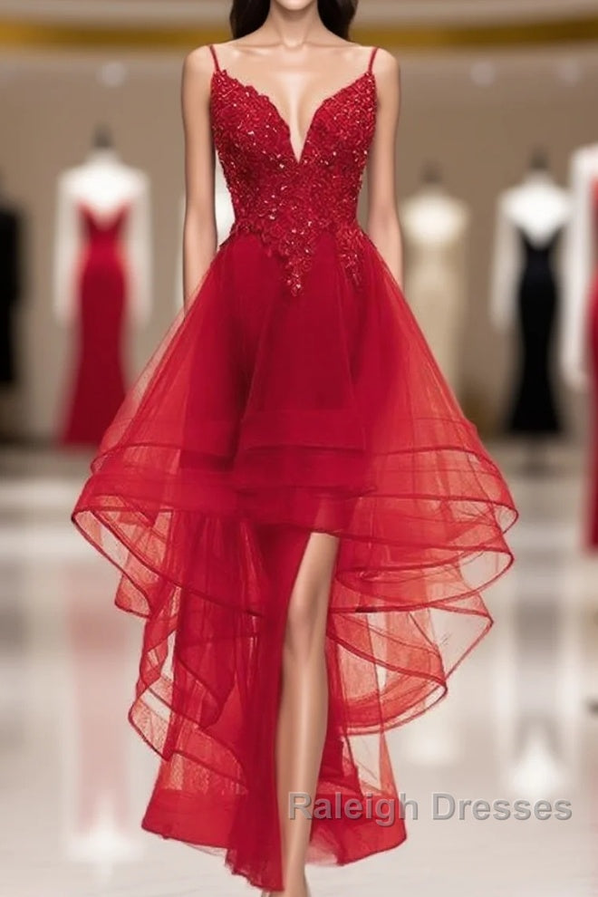 Lovely Blue High Low V-Neckline Straps Party Dress, New Straps Prom Dress Main image