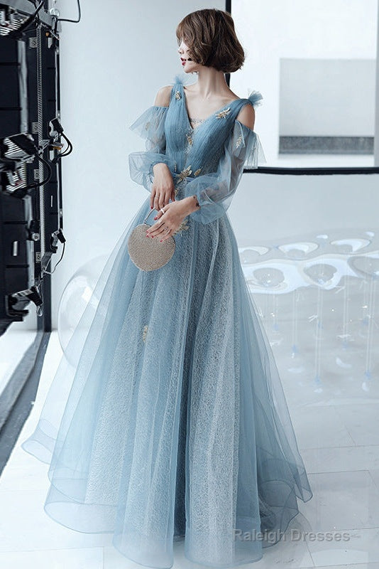 Lovely Blue Long Sleeves Tulle Long Wedding Party Dresses, Blue Prom Dresses Secondary image