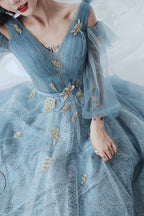 Lovely Blue Long Sleeves Tulle Long Wedding Party Dresses, Blue Prom Dresses