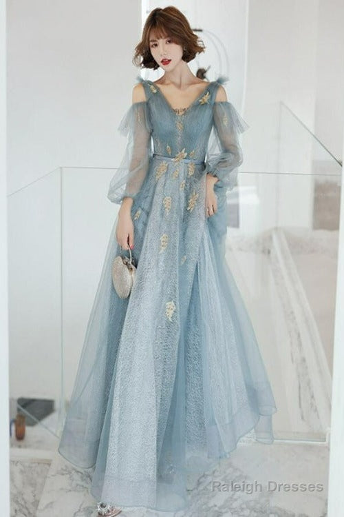 Lovely Blue Long Sleeves Tulle Long Wedding Party Dresses, Blue Prom Dresses Main image