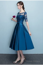 Lovely Blue Short Sleeves Lace And Satin Party Dress, Blue Homecoming Dresses