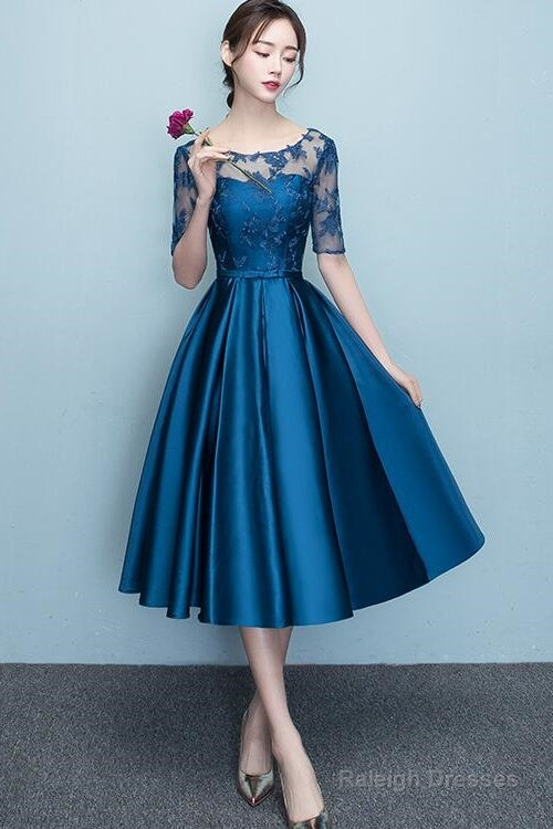 Lovely Blue Short Sleeves Lace And Satin Party Dress, Blue Homecoming Dresses