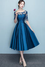 Lovely Blue Short Sleeves Lace And Satin Prom Dresses Blue Homecoming Dress
