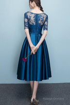 Lovely Blue Short Sleeves Lace And Satin Party Dress, Blue Homecoming Dresses