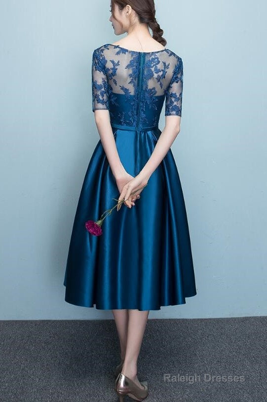 Lovely Blue Short Sleeves Lace And Satin Party Dress, Blue Homecoming Dresses