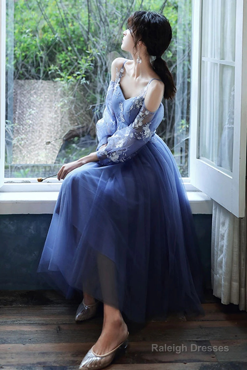 Lovely Blue Short Tea Length Prom Dresses Puffy Sleeves Tulle Prom Dresses Secondary image