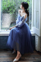 Lovely Blue Short Tea Length Prom Dresses Puffy Sleeves Tulle Prom Dresses