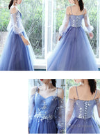 Lovely Blue Short Tea Length Prom Dresses Puffy Sleeves Tulle Prom Dresses
