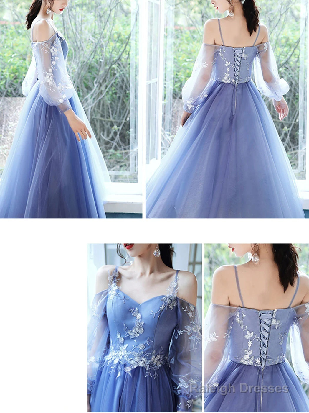 Lovely Blue Short Tea Length Prom Dresses Puffy Sleeves Tulle Prom Dresses