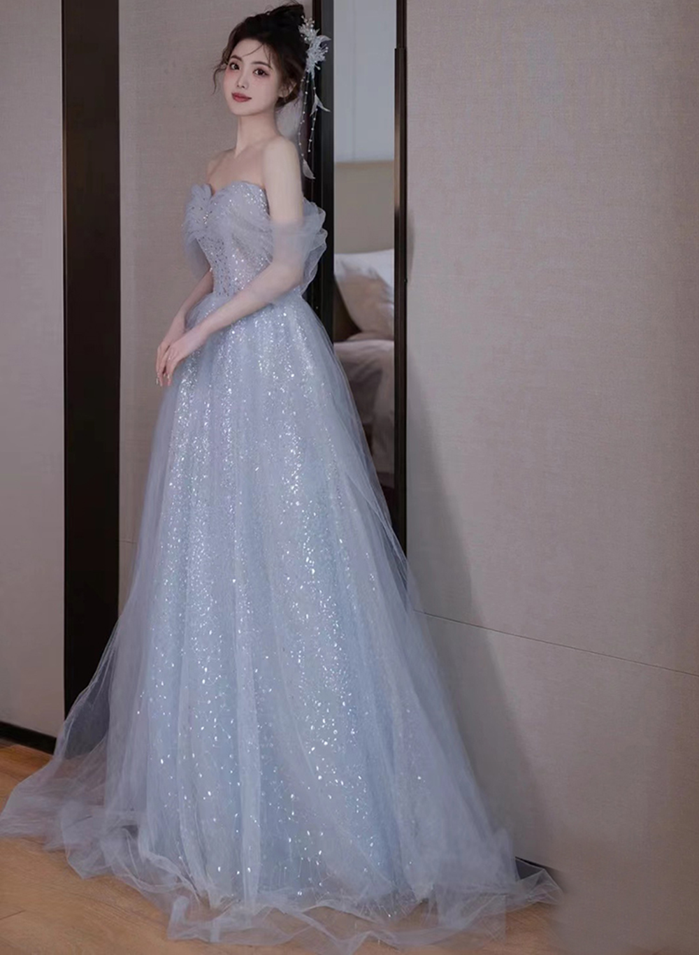 Lovely Blue Tulle Off Shoulder Beaded Prom Dresses A-Line Tulle Blue Wedding Prom Dresses