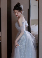 Lovely Blue Tulle Off Shoulder Beaded Prom Dresses A-Line Tulle Blue Wedding Prom Dresses