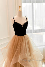 Lovely Champagne A-Line Beaded Strap Party Dress, Tulle Layers Long Prom Dress