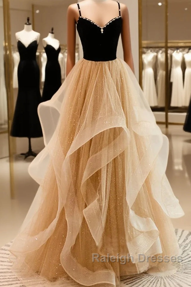 Lovely Champagne A-Line Beaded Strap Party Dress, Tulle Layers Long Prom Dress