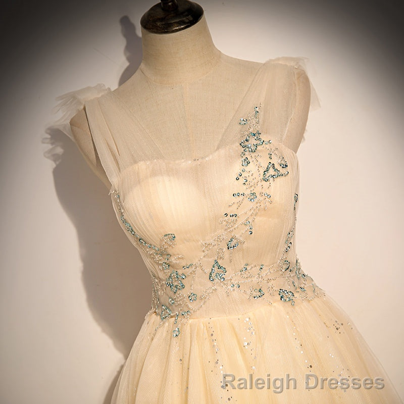 Lovely Champagne Sequins Long Party Dress, A-line Tulle Formal Dress