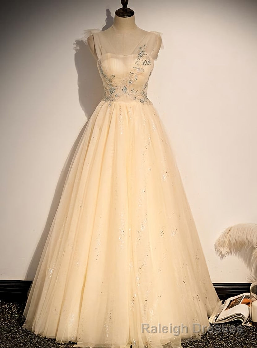 Lovely Champagne Sequins Long Party Dress, A-line Tulle Formal Dress Secondary image