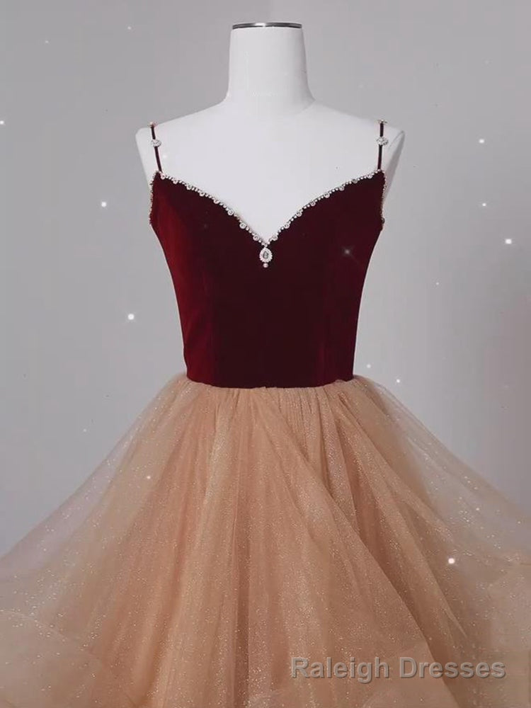 Lovely Champagne Tulle and Wine Red Velvet Straps Prom Dress, A Line Long Prom Dress Secondary image