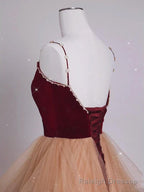 Lovely Champagne Tulle and Wine Red Velvet Straps Prom Dress, A Line Long Prom Dress