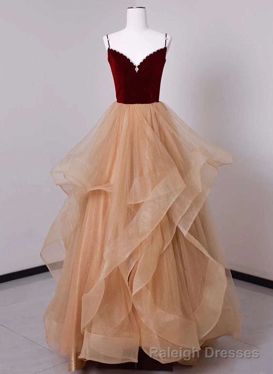 Lovely Champagne Tulle and Wine Red Velvet Straps Prom Dress, A Line Long Prom Dress Main image