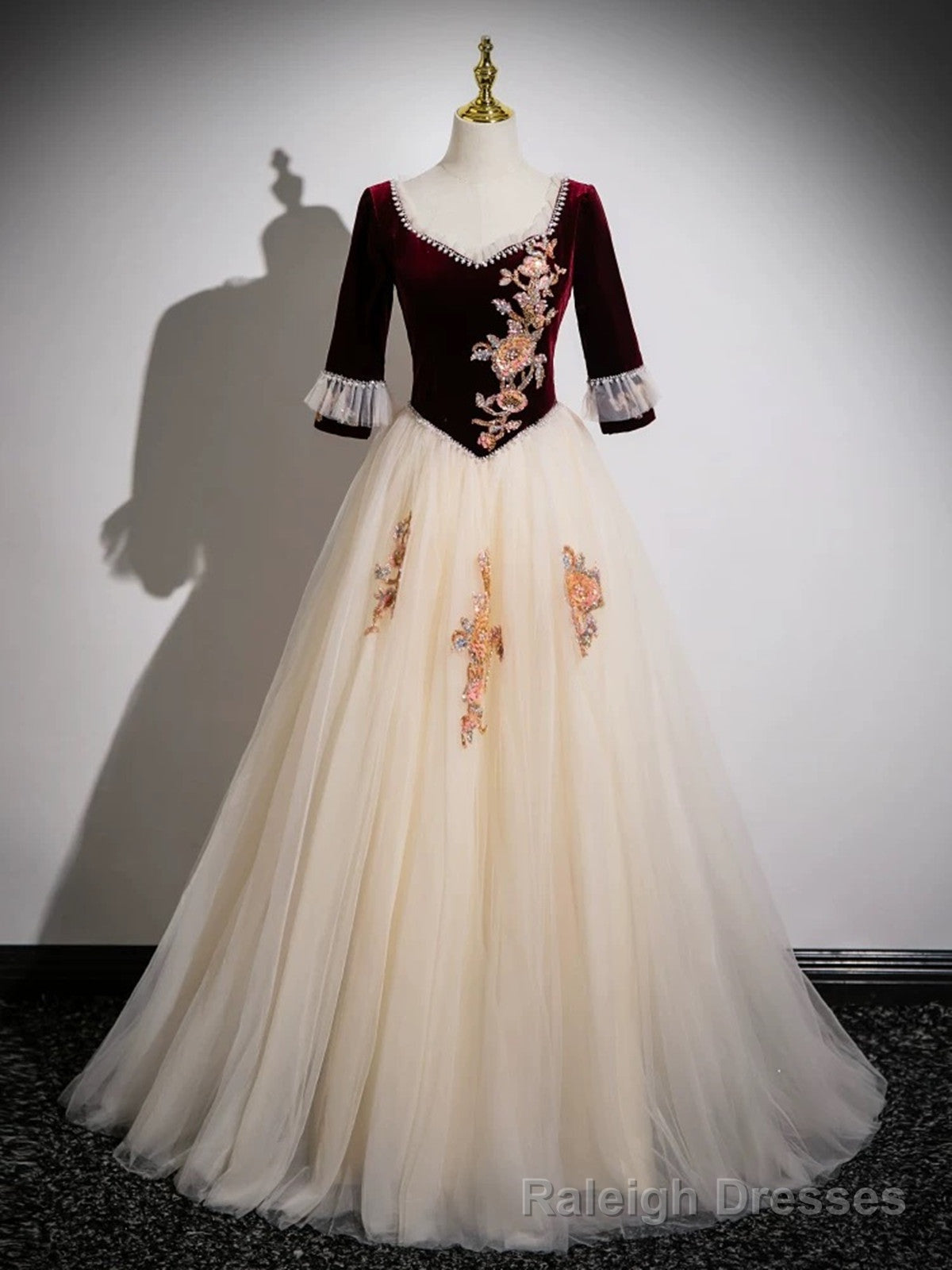 Lovely Champagne Tulle and Wine Red Velvet Top Party Dress, Long Prom Dress Main image