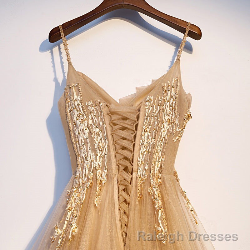 Lovely Champagne Tulle with Lace Long Formal Dress, Champagne Prom Dress