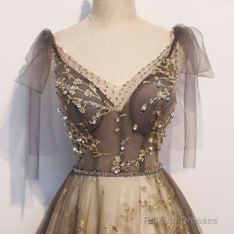 Lovely Champagne V-Neckline Tulle Long Prom Dress Party Dress, Formal Gown Secondary image