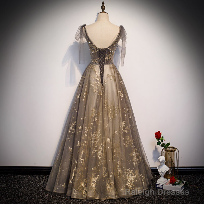 Lovely Champagne V-Neckline Tulle Long Prom Dress Party Dress, Formal Gown