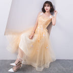 Lovely Champapgne Tulle Tea Length Party Dress With Butterfly, Cute Short Homecoming Dress