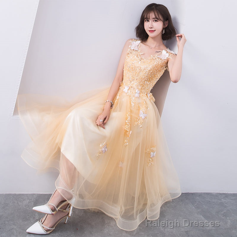 Lovely Champapgne Tulle Tea Length Party Dress With Butterfly, Cute Short Homecoming Dress