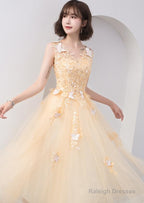 Lovely Champapgne Tulle Tea Length Party Dress With Butterfly, Cute Short Homecoming Dress