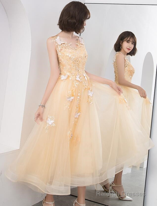 Lovely Champapgne Tulle Tea Length Party Dress With Butterfly, Cute Short Homecoming Dress Main image