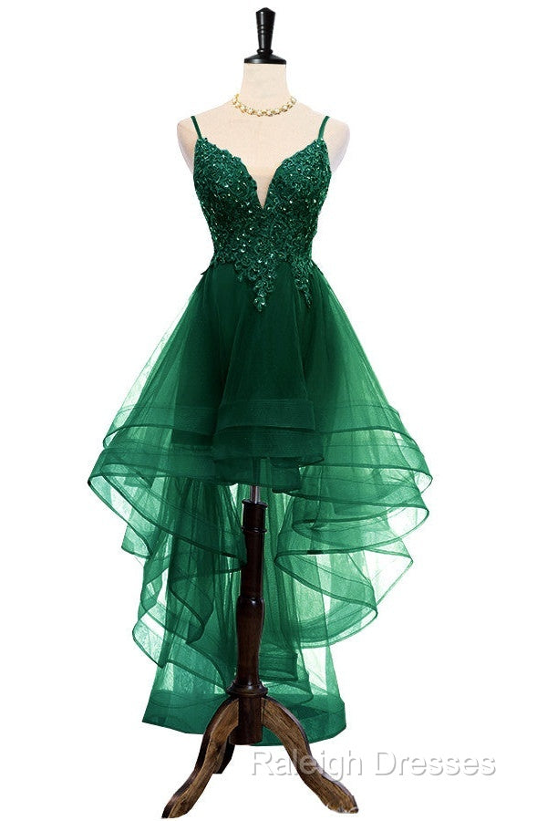 Lovely Dark Green High Low Chic Party Dress Prom Dress, V-Neckline Straps Homecoming Dress Secondary image