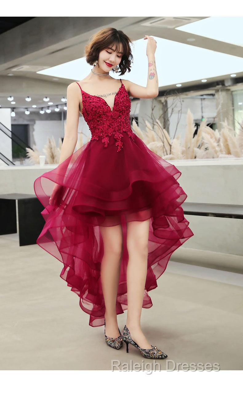 Lovely Dark Green High Low Chic Party Dress Prom Dress, V-Neckline Straps Homecoming Dress