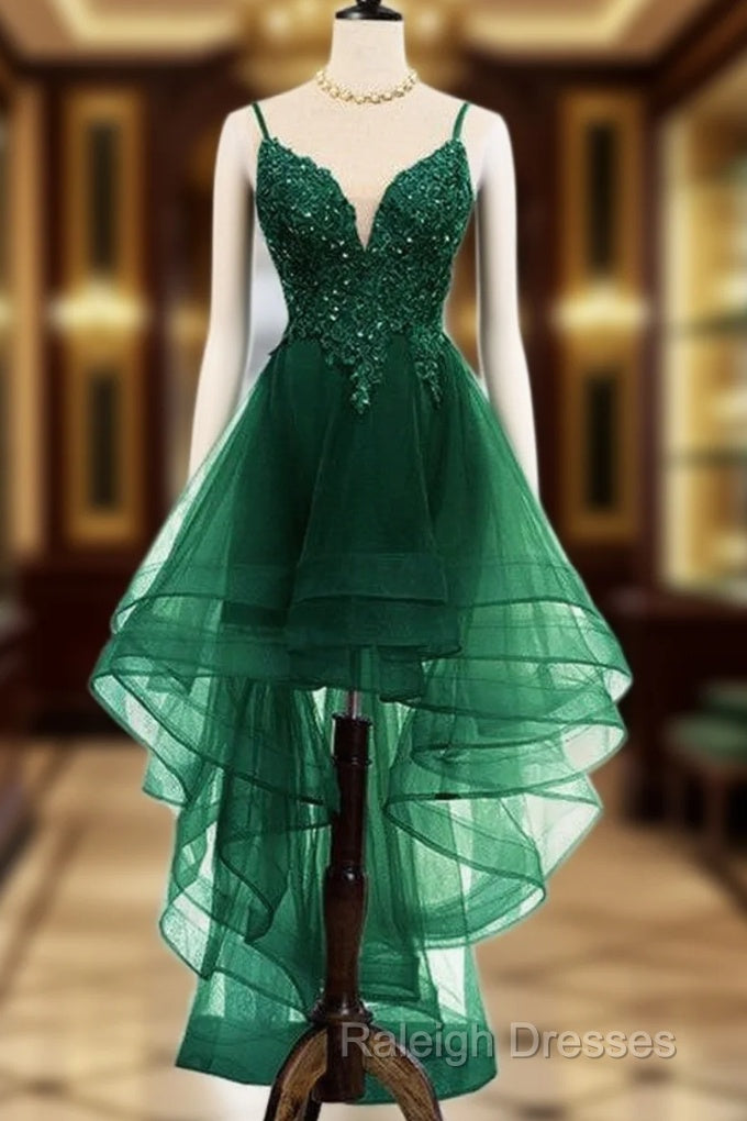 Lovely Dark Green High Low Chic Party Dress Prom Dress, V-Neckline Straps Homecoming Dress Main image