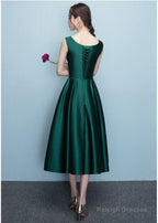 Lovely Dark Green Tea Length Simple Satin Bridesmaid Dresses Prom Dresses