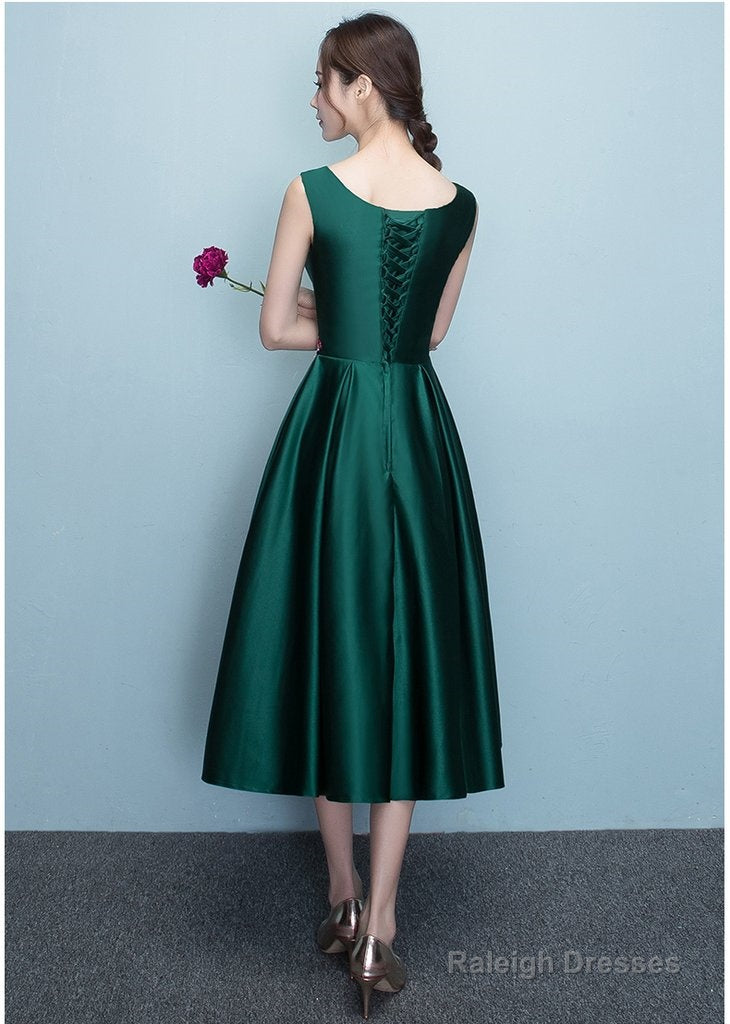 Lovely Dark Green Tea Length Simple Satin Bridesmaid Dresses Prom Dresses