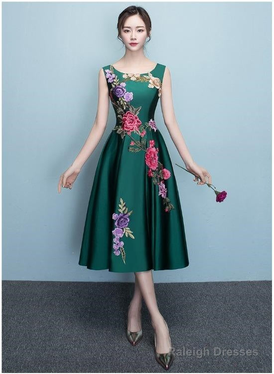 Lovely Dark Green Tea Length Simple Satin Bridesmaid Dresses Prom Dresses Main image