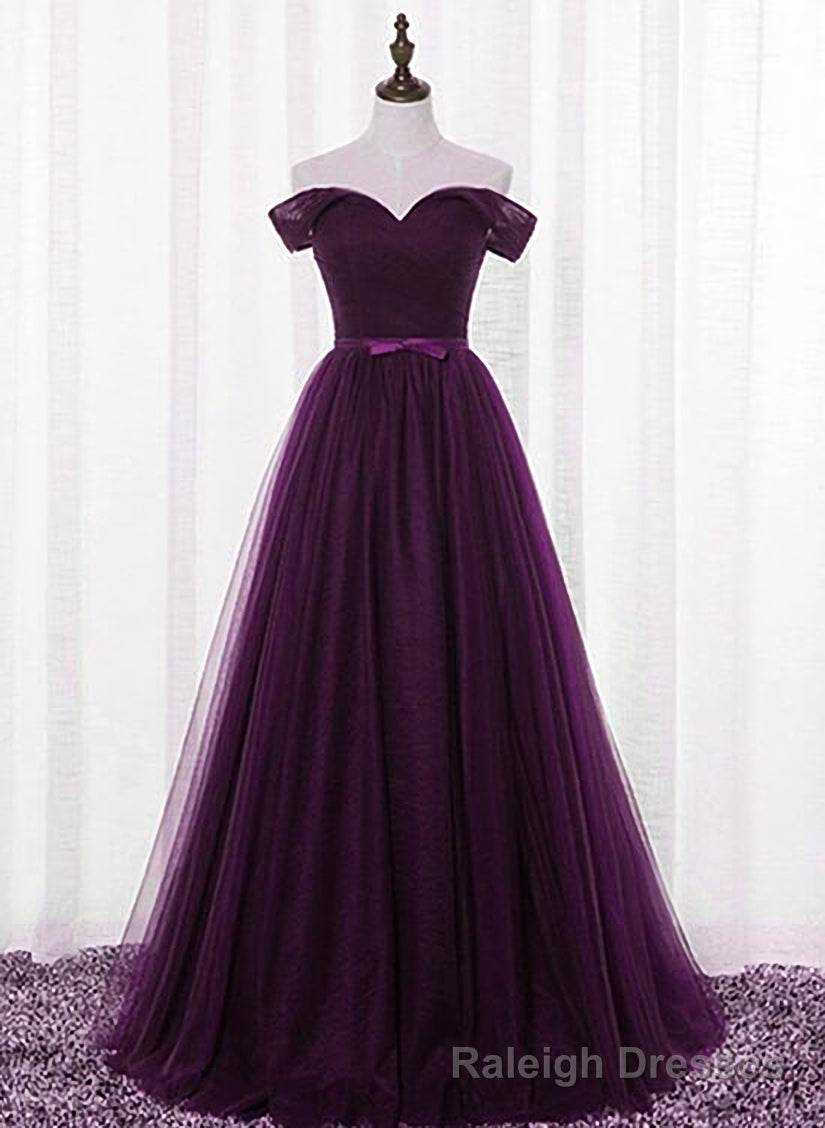 Lovely Dark Purple Tulle V Neckline Prom Dress , Long Bridesmaid Dress