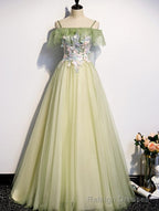 Lovely Flowers Off Shoulder Tulle Long Party Dress, A-line Tulle Light Green Prom Dress