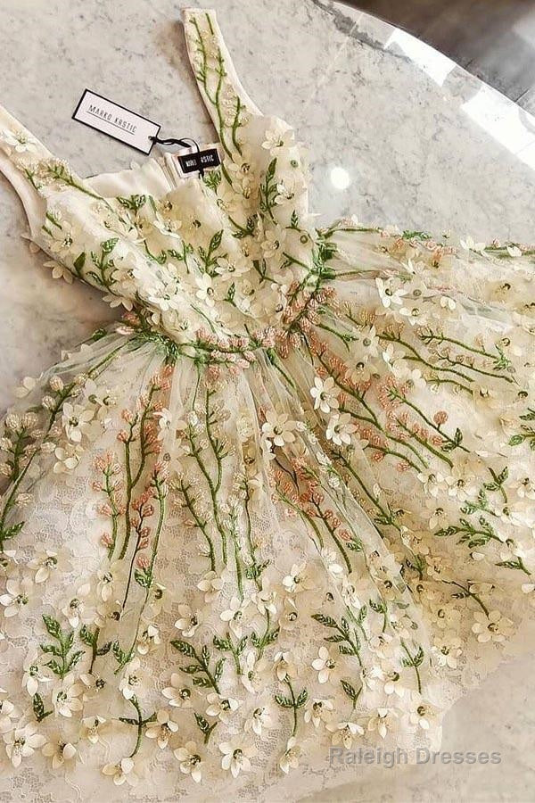 Lovely Flowers Straps Short Prom Dress Lace Homecoming Dress