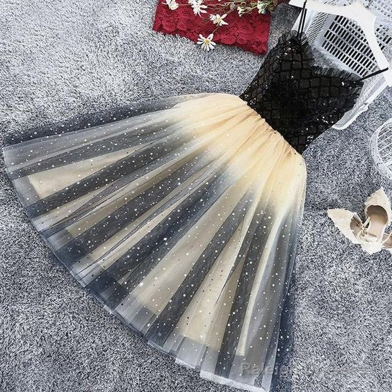 Lovely Gradient Tulle Black Top Short Prom Dresses Spaghetti Strap Cute Homecoming Dresses